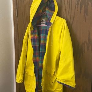 Slicker. Bright yellow. Plastic. Lined. Extra large.